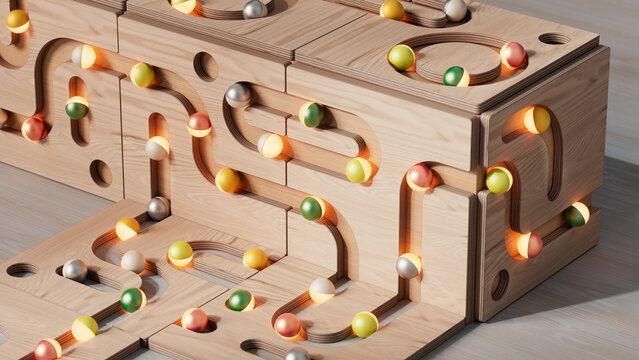 Interconnected Wooden Routing System with Glowing Marble Pathways