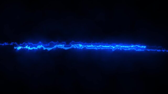 Blue neon lightning animation featuring a vibrant blue electrical beam striking horizontally in a seamless loop over a dark textured background. 4K animation.