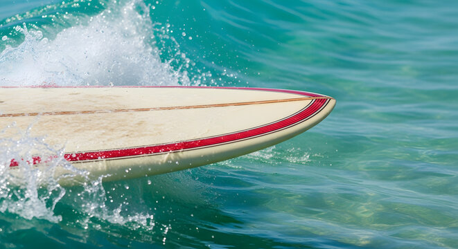 Colorful surfboard cutting through ocean waves.