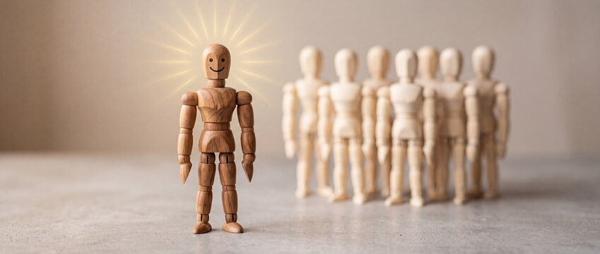 Happy Wooden Figure Standing Out from Neutral Crowd