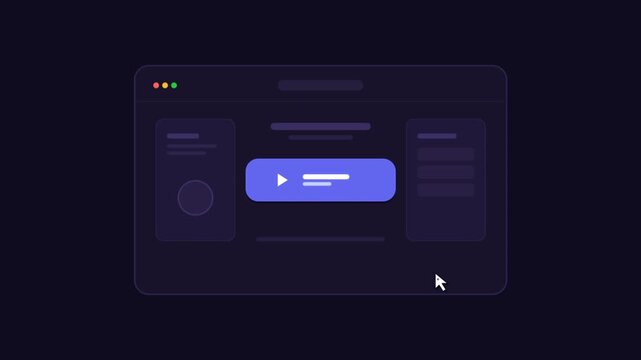 Modern dark mode website interface animation, sleek purple UI design with play button, digital browser window motion graphic