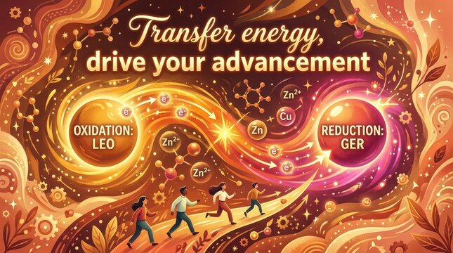 Illustrative abstract depiction of chemical redox reaction transfer energy driving human advancement and progress