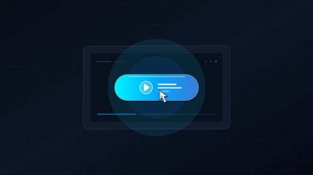 Digital video player interface, blue play button with cursor click, modern media streaming web element on dark background