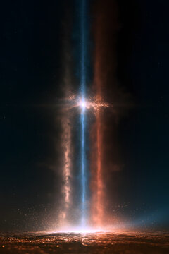 Centered three light beams rising from bottom converging, left gold, center cyan, right cinnabar, merging into bright white sphere with three-colored particles orbiting, pure black background, harmony