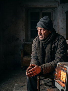 man in knitted hat scarf and jacket warms his hands near electric heater in dark cold room looking thoughtfully aside winter conditions