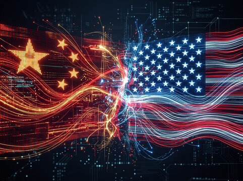 digital graphic confrontation and technological conflict between flags of china and usa represented as glowing fiber data lines and pulses on a dark microelectronic background
