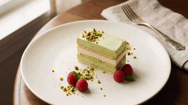 A gourmet pistachio icebox cake slice served with fresh raspberries on a white plate with a fork nearby