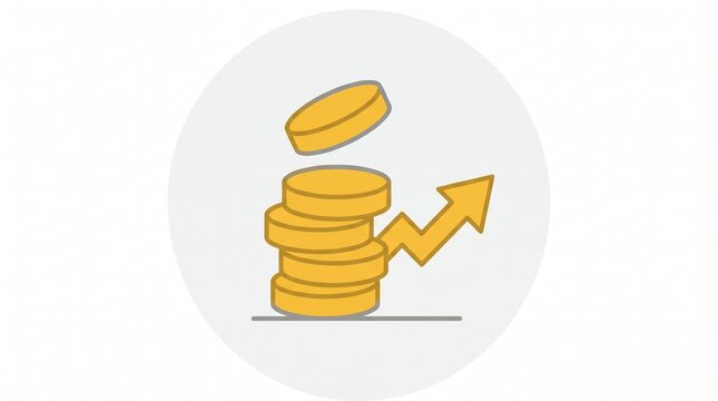 Minimalist vector illustration of gold coins stack with upward rising arrow representing financial growth, investment success, budget savings and economic profit on a soft neutral light gray
