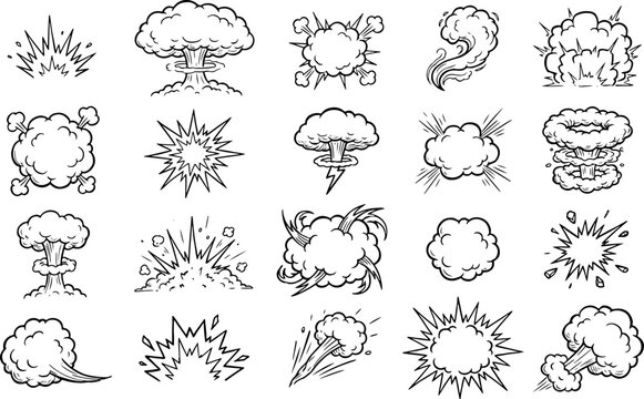 Set of black and white cartoon explosion, blast, and smoke cloud in comic book style also transparent background