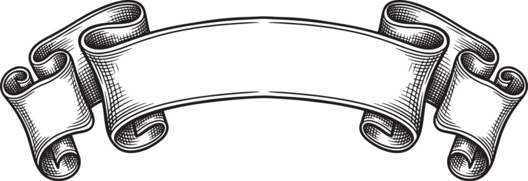 Vintage engraved scroll banner with curled ends and blank ribbon for text, black and white outline also transparent background