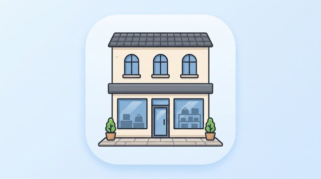 Minimalist icon of a two-story commercial building with arched windows and storefront display on a light blue background for web design, app interface, real estate branding, and business navigation
