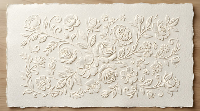 Elegant embossed white floral paper texture with ornate botanical relief, offering a refined background for invitations, stationery, luxury design and decor