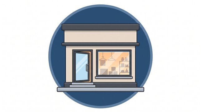 Minimalist flat vector illustration of a modern small boutique storefront with an open door and display window on a circular blue background for retail business, architecture, and shopping concepts