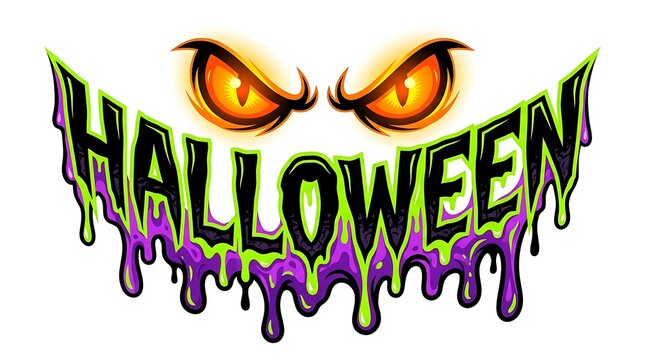 Halloween Word Art Graphic with Glowing Evil Orange Eyes and Dripping Green and Purple Monster Slime