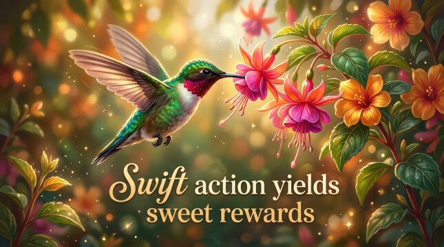 Hummingbird feeding on vibrant fuchsia flowers, showcasing nature's delicate beauty and swift motion in a magical, sunlit garden