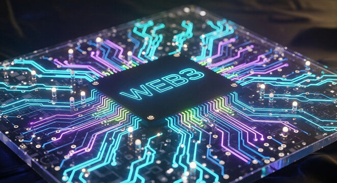 Futuristic electronic circuit board showcasing decentralized networking technology and luminous data pathways across a complex microchip processor powering tomorrow digital ecosystem