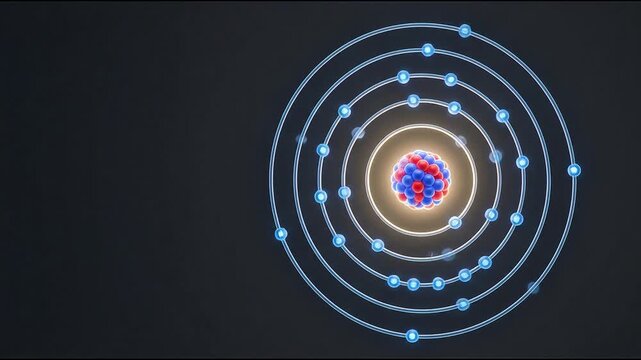 Atomic structure displaying glowing blue electron orbits revolving around a central proton nucleus in this detailed scientific 3d animation video