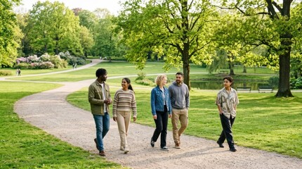 Fototapeta premium Five people walking in a park on a sunny day.