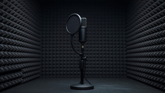Condenser microphone with pop filter in soundproof booth, audio recording and voiceover production