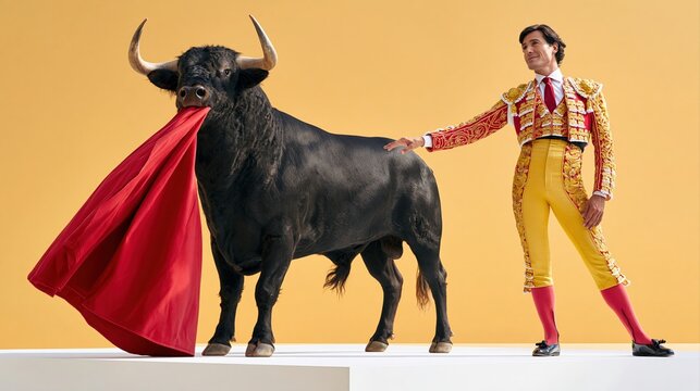 Bullfighter with matador cape and bull