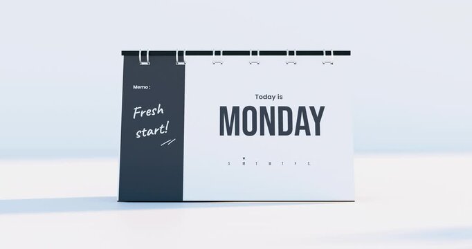 Desk calendar showing monday and fresh start memo popping up and bouncing on clean white background