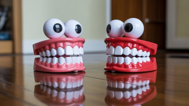 Two novelty gag joke fake dentures with googly eyes on a polished wooden floor