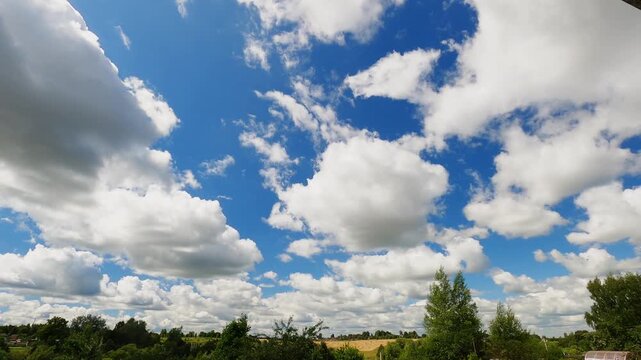 Bright Blue Summer Sky With Fast Moving Cumulus Clouds and Changing Cloud Formation, Timelapse Background