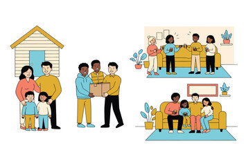 Fototapeta premium Family members moving into a new house, carrying cardboard boxes, talking on a sofa, and relaxing together, flat set