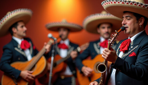Mariachi band performing on stage with trumpet, violin, guitarr&oacute;n and saxophone in embroidered charro suits, mariachi band singing and playing lively rhythms under warm spotlight,