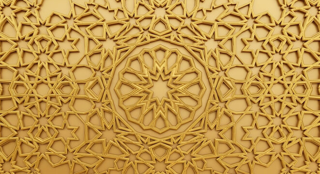 Exquisite golden arabesque ornamentation showcases traditional geometric motifs interwoven with delicate relief carvings to create a stunning visual tapestry fit for royal palaces and luxurious