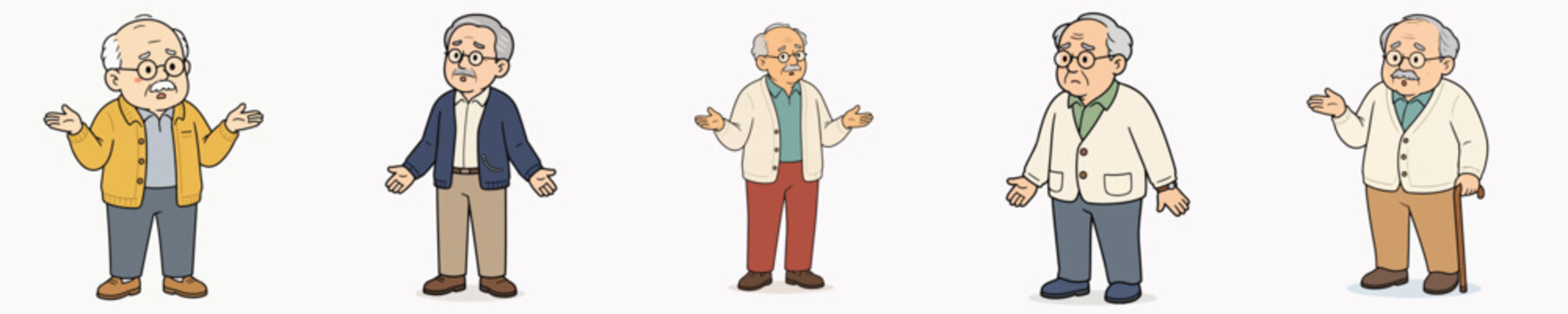 Set of vector illustrations of a grandfather looking confused.