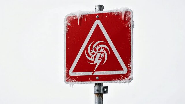Red danger warning sign with electric storm and snowflake icon covered in heavy frozen ice during winter motion video clip