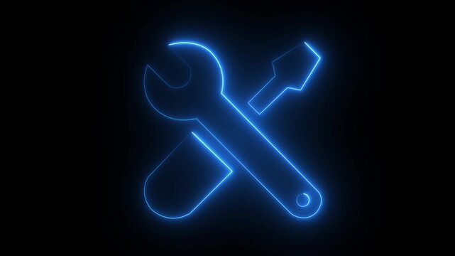 glowing neon blue color setting animation icon circle animated on black background Repair and maintenance symbol for technology, software and service. 4k video...