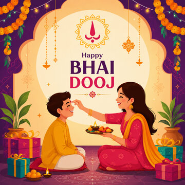 Happy Bhai Dooj Greeting Card with Brother and Sister Celebrating Together
