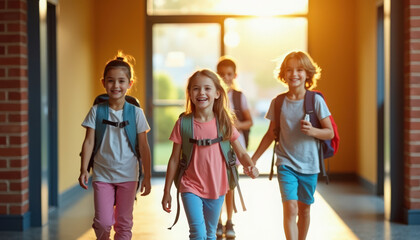 Fototapeta premium school kids walking down bright school hallway smiling and carrying backpacks, diverse elementary students holding hands and chatting in sunlit corridor during morning drop off,