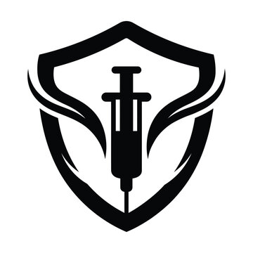 Surreal black white immunization protection concept with syringe in shield for healthcare security