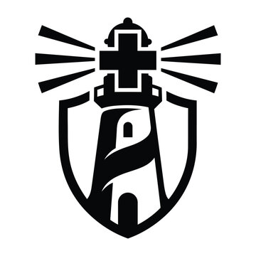 Conceptual black and white lighthouse with medical cross as beacon for healthcare guidance art