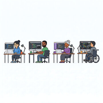 Diverse group of professional software developers working on computer projects in an office setting.
