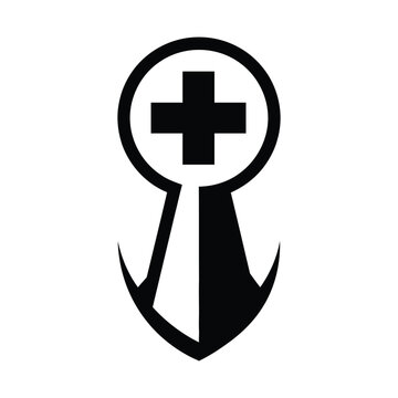 Conceptual black and white medical cross inside location pin for healthcare search metaphor art