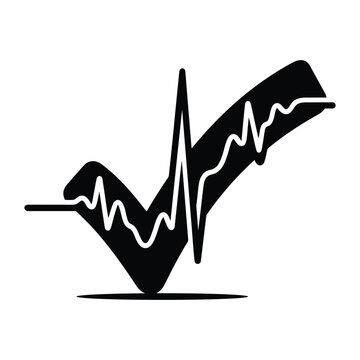 Conceptual black and white checkmark with heartbeat line for health approval and success metaphor