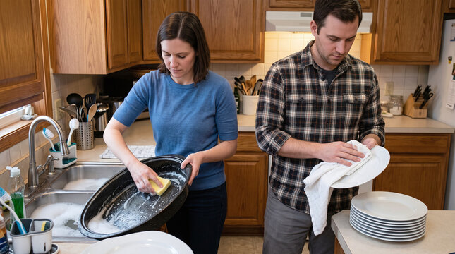 Couple washing dishes together after holiday dinner