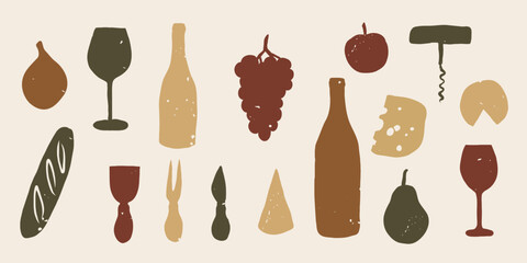 Obraz premium Flat vector textured wine and food elements