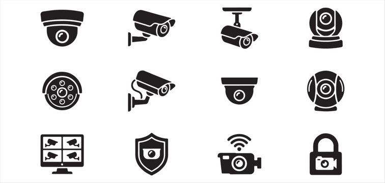Surveillance camera security device icons featuring black silhouettes of video monitoring systems and protection vector Illustrator Eps 10.eps