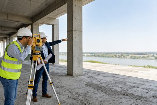 Engineers survey construction site using surveyor equipment