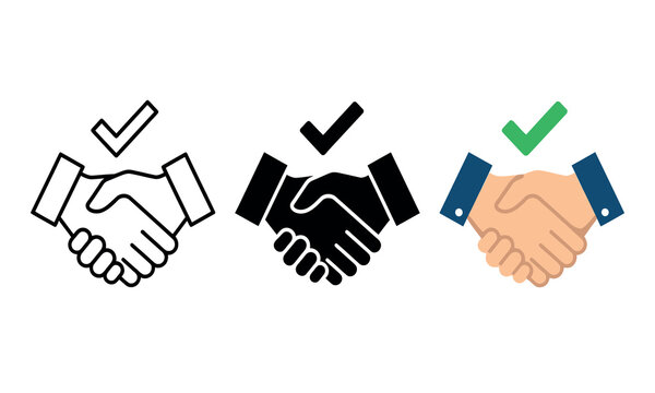 Three variations of a handshake icon are displayed in line art solid black and colored styles agreement collaboration partnership greeting