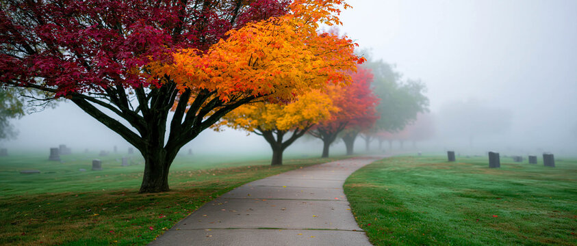 Foggy cemetery path with colourful maple trees and gravestones in a peaceful autumn landscape