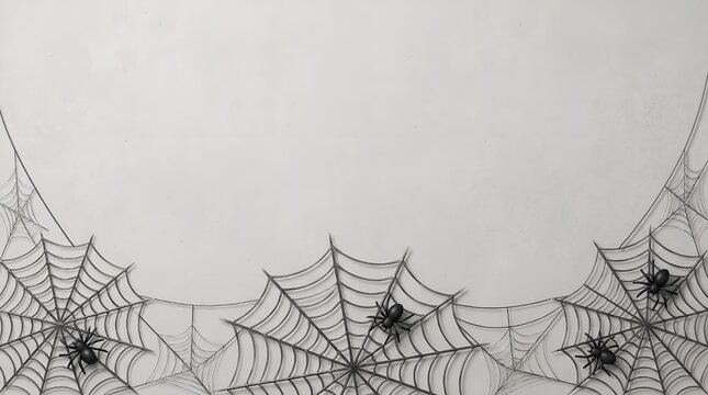 Halloween spider web border with black spiders on a light grey background