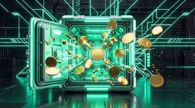 Generic cyber safe vault open with flying blank gold coins on glowing electronic background for crypto banking