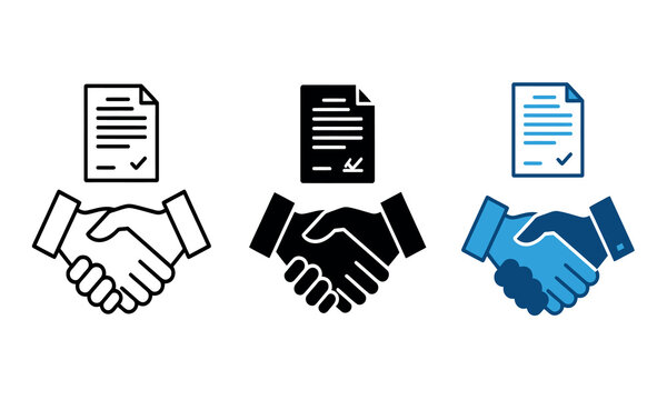 Contract agreement handshake icon set displays legal documents and partnership with a checkmark symbol contracts deal collaboration business formal official