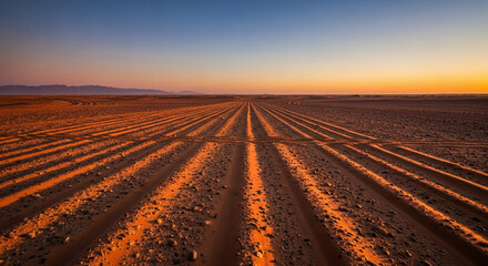 Obraz premium Stunning golden hour landscape showcasing deep tyre tracks stretching across an expansive barren terrain under a vibrant sunset sky creating a dramatic perspective and sense of endless